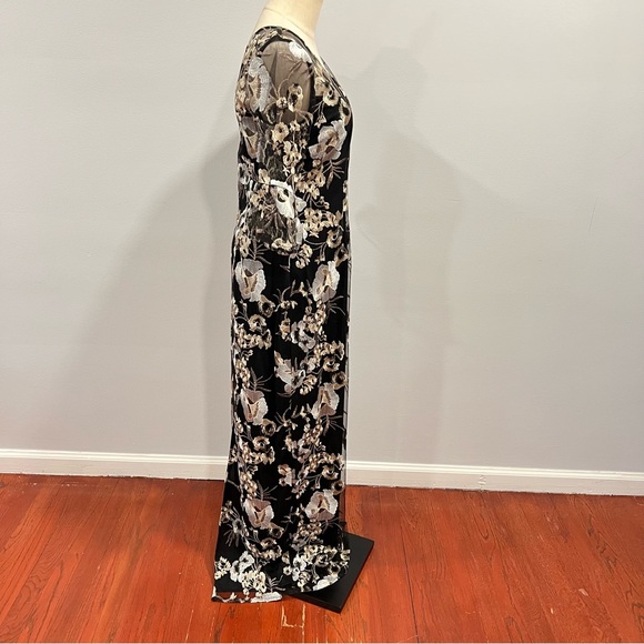 Adrianna Papell Black With Multicolor Floral Embroidery V-Neck 3/4 Sleeves Gown - Picture 6 of 15